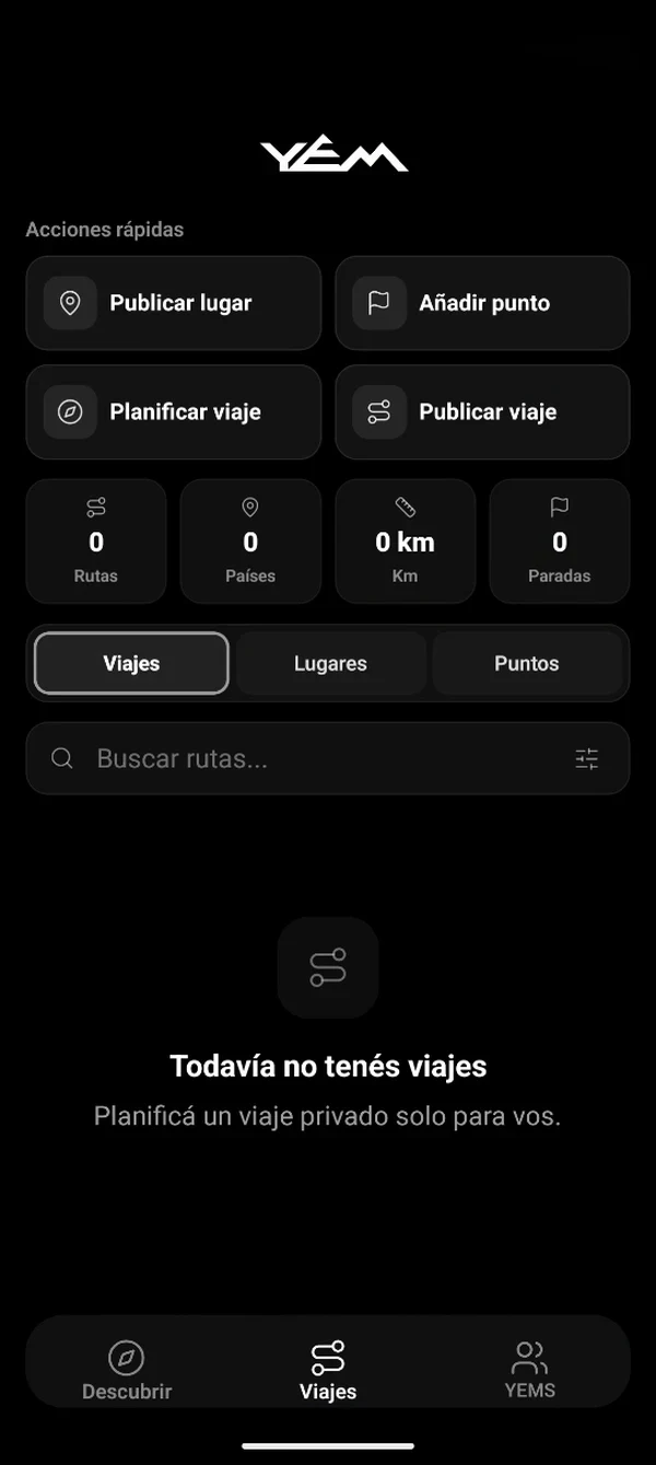 Pestaña Viajes de la app YEM: acciones rápidas para publicar lugares, añadir puntos y planificar viajes