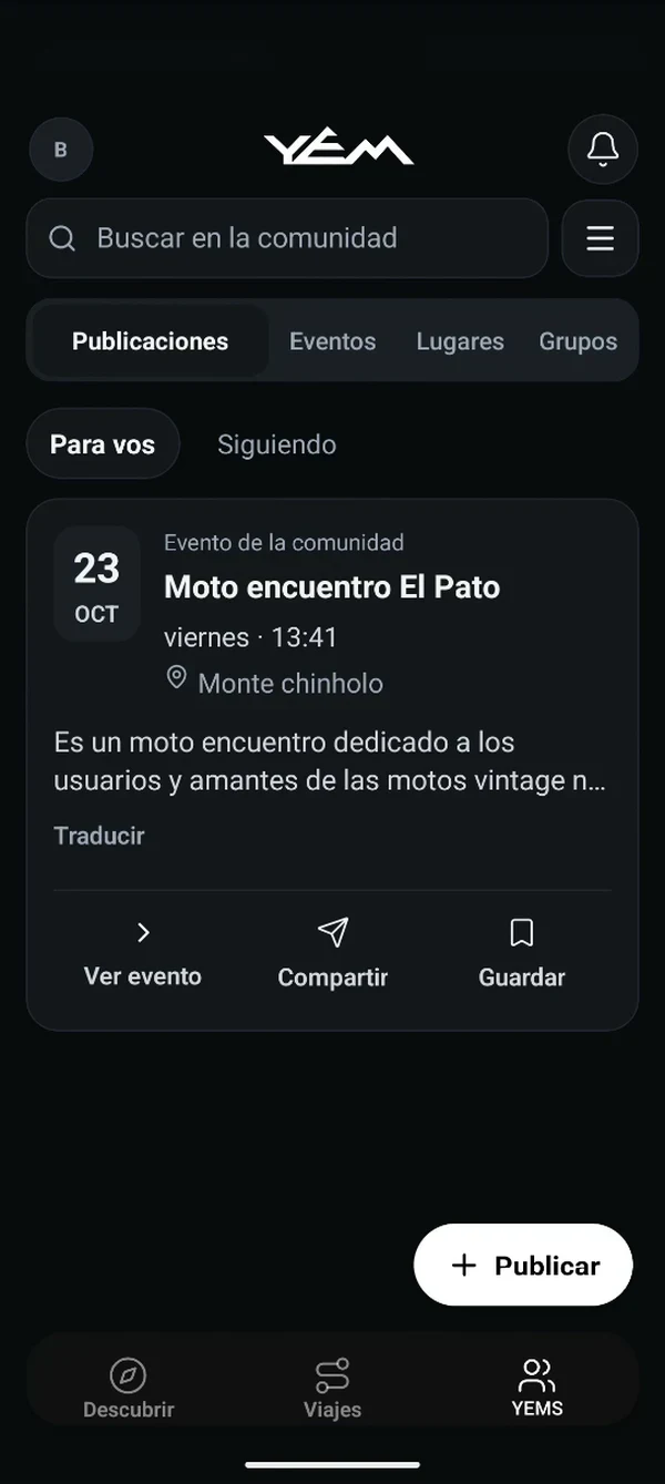 Pestaña YEMS de la app: publicaciones y eventos de la comunidad de riders